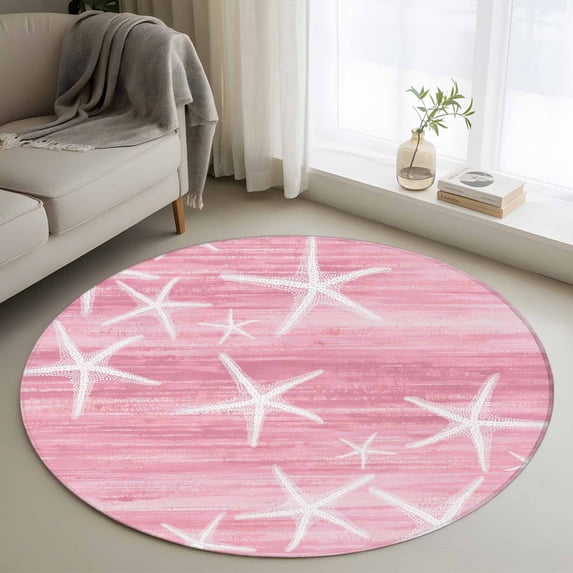 Round Area Rugs Collection 3 Ft, Pink Coastal Non-Slip Residential Carpet, Summer Ocean Waves Ombre Sea Starfish Indoor Crawling Mats Doormat Runner Rugs Play Mat forBedroom