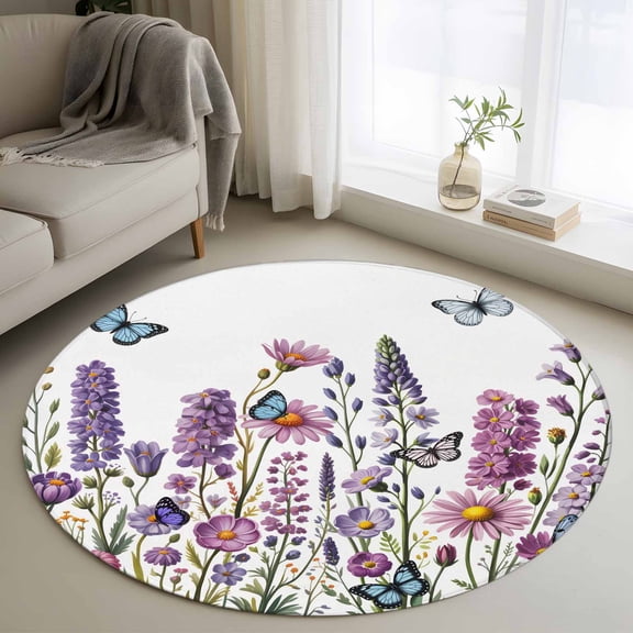 Round Area Rugs Collection 3 Ft, Purple Flowers Non-Slip Residential Carpet, Spring Butterflies Lavender Daisy Botanical Indoor Crawling Mats Doormat Runner Rugs Play Mat for Bedroom