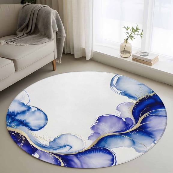 Round Area Rugs Collection 3 Ft, Purple Marble Stone Non-Slip Residential Carpet, Ink Splash Country Marble Abstract Indoor Crawling Mats Doormat Runner Rugs Play Mat forBedroom