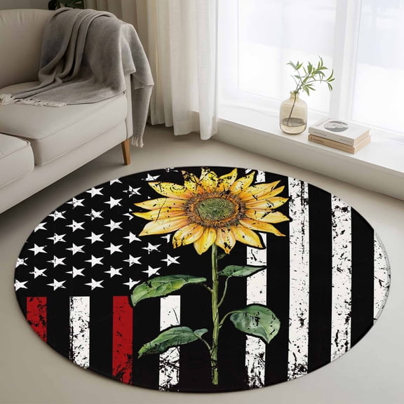 Round Area Rugs Collection 3 Ft, Red American Flag Non-Slip Residential Carpet, Sunflower Vintage USA Flag Indoor Crawling Mats Doormat Runner Rugs Play Mat for Bedroom