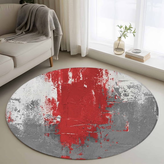 Round Area Rugs Collection 3 Ft, Red Cement Gray Non-Slip Residential Carpet, Modern Abstract Art Red Indoor Crawling Mats Doormat Runner Rugs Play Mat forBedroom