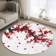 Round Area Rugs Collection 3 Ft, Red Flowers Non-Slip Residential Carpet, Chinese Plum Traditional Ink Painting Indoor Crawling Mats Doormat Runner Rugs Play Mat forBedroom