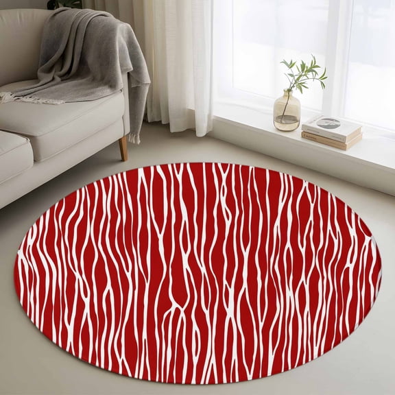 Round Area Rugs Collection 3 Ft, Red Striped Non-Slip Residential Carpet, Classic Minimalist Waves Lines Pattern Indoor Crawling Mats Doormat Runner Rugs Play Mat for Bedroom