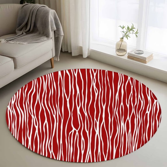 Round Area Rugs Collection 3 Ft, Red Striped Non-Slip Residential Carpet, Classic Minimalist Waves Lines Pattern Indoor Crawling Mats Doormat Runner Rugs Play Mat for Bedroom