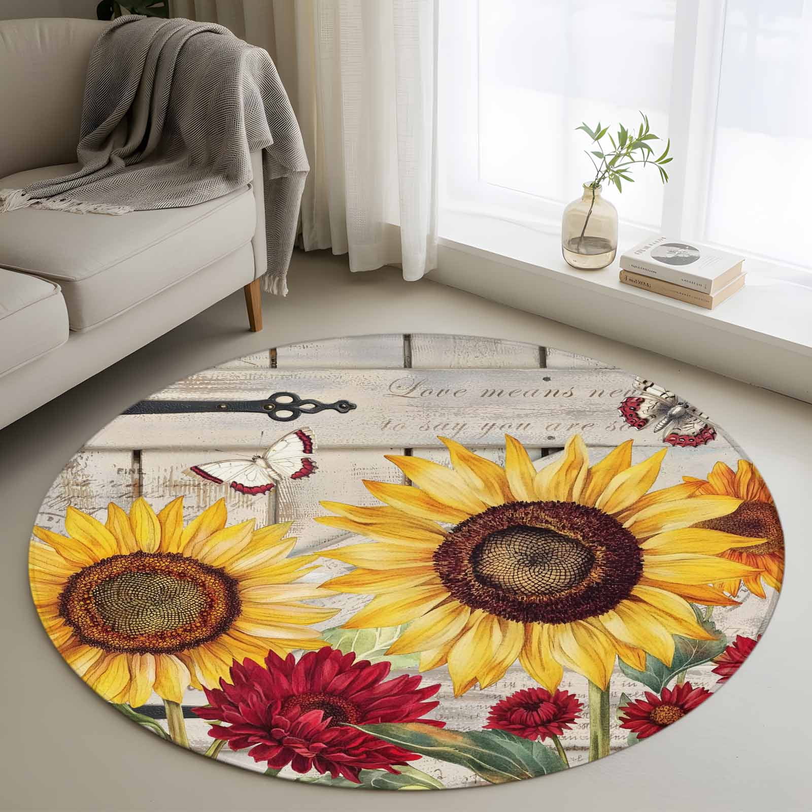 Round Area Rugs Collection 3 Ft, Red Yellow Sunflowers Non-Slip Residential Carpet, Retro Rustic Barn Doors Butterfly Brown Indoor Crawling Mats Doormat Runner Rugs Play Mat forBedroom
