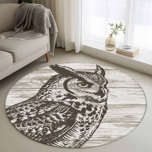 Round Area Rugs Collection 3 Ft, Retro Owl Non-Slip Residential Carpet, Countryside Animals Farmhouse Wooden Grain Indoor Crawling Mats Doormat Runner Rugs Play Mat forBedroom