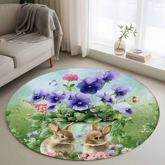 Round Area Rugs Collection 3 Ft, Spring Easter Non-Slip Residential Carpet, Purple Floral Summer Botanical Ombre Indoor Crawling Mats Doormat Runner Rugs Play Mat for Bedroom