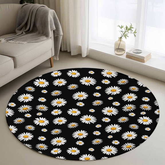 Round Area Rugs Collection 3 Ft, Spring Floral Daisy Non-Slip Residential Carpet, Black Elegant Pastoral Flowers Watercolor Indoor Crawling Mats Doormat Runner Rugs Play Mat for Bedroom