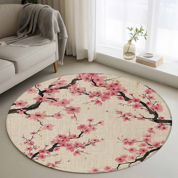 Round Area Rugs Collection 3 Ft, Spring Flowers Non-Slip Residential Carpet, Country Pink Peach Blossoms Botanical Floral Indoor Crawling Mats Doormat Runner Rugs Play Mat forBedroom