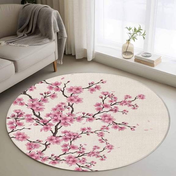 Round Area Rugs Collection 3 Ft, Spring Flowers Non-Slip Residential Carpet, Pink Cherry Blossom Branches Plants Beige Indoor Crawling Mats Doormat Runner Rugs Play Mat forBedroom