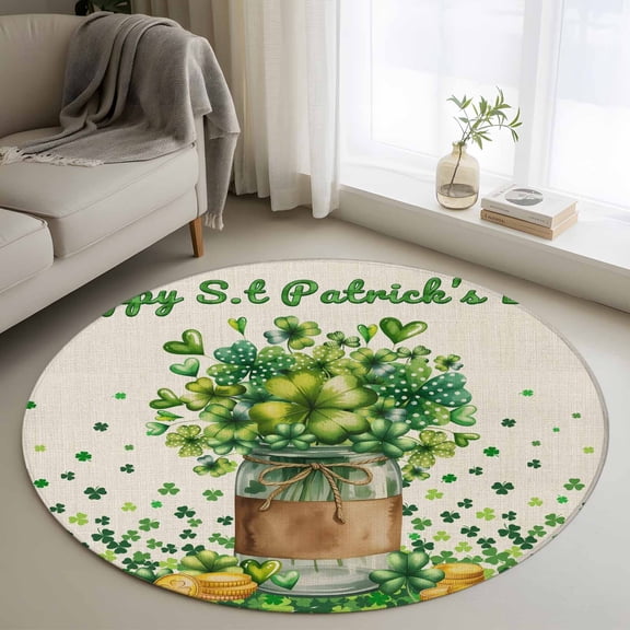 Round Area Rugs Collection 3 Ft, St. Patrick's Day Non-Slip Residential Carpet, Farmhouse Green Lucky Clovers Coin Indoor Crawling Mats Doormat Runner Rugs Play Mat for Bedroom