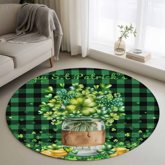 Round Area Rugs Collection 3 Ft, St. Patrick's Day Non-Slip Residential Carpet, Green Clovers Coin Buffalo Plaid Indoor Crawling Mats Doormat Runner Rugs Play Mat for Bedroom