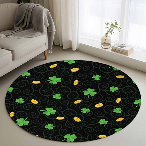 Round Area Rugs Collection 3 Ft, St. Patrick's Day Non-Slip Residential Carpet, Green Shamrock Gold Coin Minimalist Black Indoor Crawling Mats Doormat Runner Rugs Play Mat forBedroom