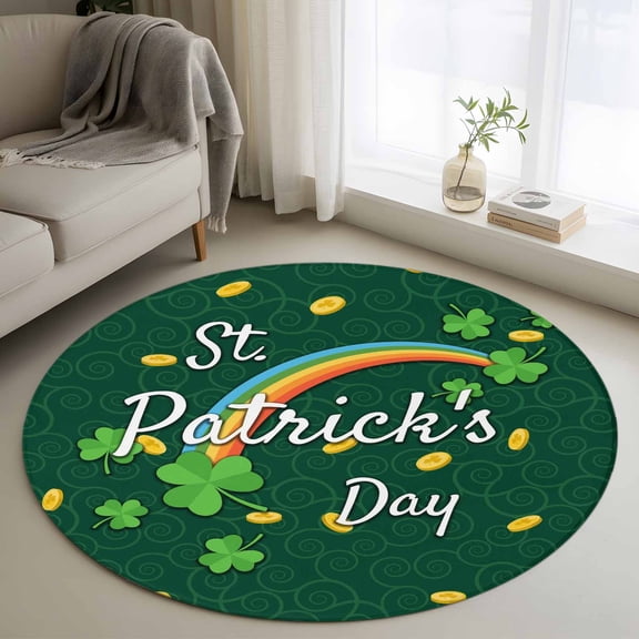 Round Area Rugs Collection 3 Ft, St. Patrick's Day Non-Slip Residential Carpet, Green Shamrock Rainbow Gold Coin Simple Indoor Crawling Mats Doormat Runner Rugs Play Mat forBedroom