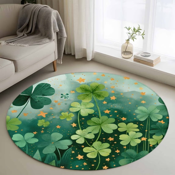 Round Area Rugs Collection 3 Ft, St. Patrick's Day Non-Slip Residential Carpet, Lucky Shamrocks Gradient Green Leaves Rustic Indoor Crawling Mats Doormat Runner Rugs Play Mat for Bedroom