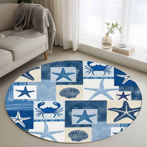 Round Area Rugs Collection 3 Ft, Starfish Coastal Non-Slip Residential Carpet, Blue Shell Crab Nautical Summer Beach Ocean Indoor Crawling Mats Doormat Runner Rugs Play Mat forBedroom