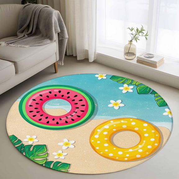 Round Area Rugs Collection 3 Ft, Summer Swimming Rings Non-Slip Residential Carpet, Floral Plumeria Beach Seaside Indoor Crawling Mats Doormat Runner Rugs Play Mat forBedroom