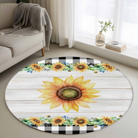 Round Area Rugs Collection 3 Ft, Sunflower Non-Slip Residential Carpet, Yellow Floral Summer Botanical Wooden Checkered Indoor Crawling Mats Doormat Runner Rugs Play Mat for Bedroom