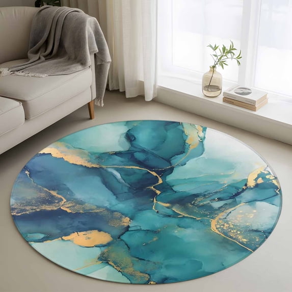 Round Area Rugs Collection 3 Ft, Teal Blue Marble Non-Slip Residential Carpet, Modern Abstract Texture Art Ombre Indoor Crawling Mats Doormat Runner Rugs Play Mat for Bedroom