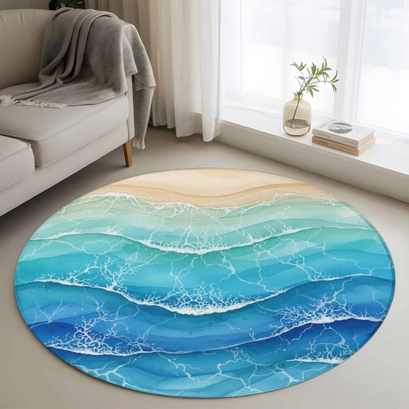 Round Area Rugs Collection 3 Ft, Teal Blue Ombre Non-Slip Residential Carpet, Summer Beach Abstract Ocean Wave Indoor Crawling Mats Doormat Runner Rugs Play Mat for Bedroom