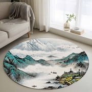 Round Area Rugs Collection 3 Ft, Teal Chinese Ink Non-Slip Residential Carpet, Oil Painting Abstract Art Mountain Indoor Crawling Mats Doormat Runner Rugs Play Mat forBedroom