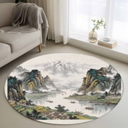 Round Area Rugs Collection 3 Ft, Teal Mountain Lake Non-Slip Residential Carpet, Chinese Ink Painting Landscape Indoor Crawling Mats Doormat Runner Rugs Play Mat forBedroom