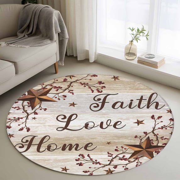 Round Area Rugs Collection 3 Ft, Texas Star Brown Non-Slip Residential Carpet, Farmhouse Retro Branches Wooden Grain Indoor Crawling Mats Doormat Runner Rugs Play Mat for Bedroom