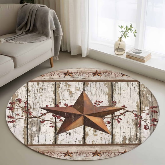 Round Area Rugs Collection 3 Ft, Texas Star Grey Wooden Non-Slip Residential Carpet, Farmhouse Berry Countryside Indoor Crawling Mats Doormat Runner Rugs Play Mat for Bedroom