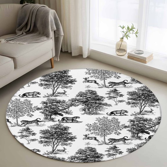 Round Area Rugs Collection 3 Ft, Tiger Deer Non-Slip Residential Carpet, Farmhouse Vintage Forest Trees Animals Indoor Crawling Mats Doormat Runner Rugs Play Mat forBedroom