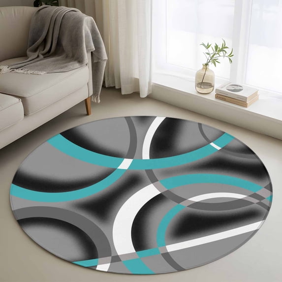 Round Area Rugs Collection 3 Ft, Turquoise Geometric Non-Slip Residential Carpet, Grey Classic Abstract Lines Striped Indoor Crawling Mats Doormat Runner Rugs Play Mat for Bedroom