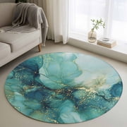 Round Area Rugs Collection 3 Ft, Turquoise Marble Non-Slip Residential Carpet, Modern Abstract Art Aesthetics Ink Painting Indoor Crawling Mats Doormat Runner Rugs Play Mat for Bedroom