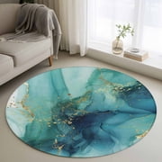 Round Area Rugs Collection 3 Ft, Turquoise Marble Non-Slip Residential Carpet, Modern Ink Painting Abstract Aesthetics Indoor Crawling Mats Doormat Runner Rugs Play Mat for Bedroom