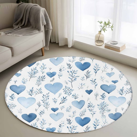 Round Area Rugs Collection 3 Ft, Valentine's Day Blue Non-Slip Residential Carpet, Spring Love Leaves Botanical Indoor Crawling Mats Doormat Runner Rugs Play Mat for Bedroom