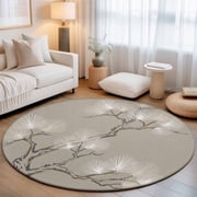 Round Area Rugs Collection 3 Ft, Vintage Botanical Non-Slip Residential Carpet, Ink Wash Lines Brown Plants Indoor Crawling Mats Doormat Runner Rugs Play Mat for Bedroom