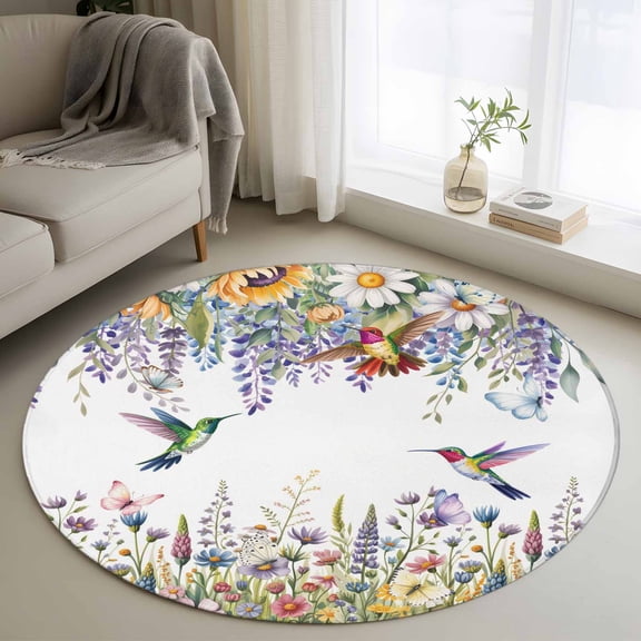 Round Area Rugs Collection 3 Ft, Watercolor Floral Non-Slip Residential Carpet, Spring Daisy Sunflowers Wisteria Hummingbird Indoor Crawling Mats Doormat Runner Rugs Play Mat for Bedroom