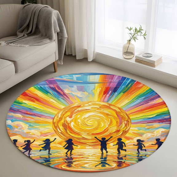 Round Area Rugs Collection 3 Ft, Watercolor Sun Non-Slip Residential Carpet, Cartoon Summer Colorful Rainbows Waves Indoor Crawling Mats Doormat Runner Rugs Play Mat forBedroom