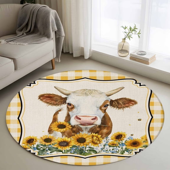 Round Area Rugs Collection 3 Ft, Yak Sunflowers Non-Slip Residential Carpet, Yellow Floral Checkered Elegant Pastoral Rustic Indoor Crawling Mats Doormat Runner Rugs Play Mat for Bedroom