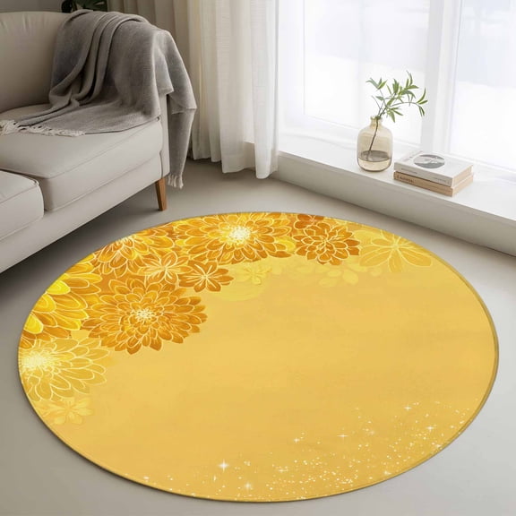 Round Area Rugs Collection 3 Ft, Yellow Golden Floral Non-Slip Residential Carpet, Spring Summer Shiny Flowers Indoor Crawling Mats Doormat Runner Rugs Play Mat forBedroom