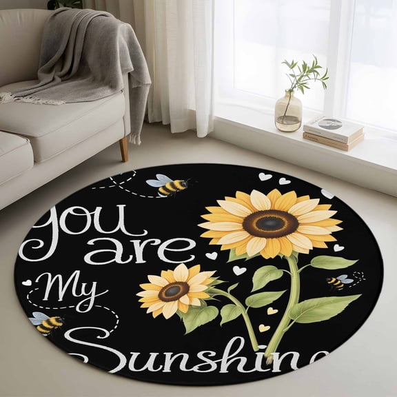 Round Area Rugs Collection 3 Ft, You Are My Sunshine Non-Slip Residential Carpet, Yellow Sunflowers Cute Bees Heart Black Indoor Crawling Mats Doormat Runner Rugs Play Mat for Bedroom