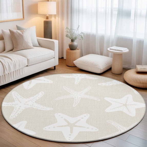 Round Area Rugs Collection 4 Ft, Beige White Starfish Coastal Non-Slip Residential Carpet, Nautical Summer Ocean Abstract Art Indoor Crawling Mats Runner Rugs for Living Room/Dining Room/Bedroom
