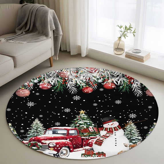Round Area Rugs Collection 4 Ft, Black Christmas Non-Slip Residential Carpet, Snowman Xmas Truck Balls Tree Indoor Crawling Mats Runner Rugs for Living Room/Dining Room/Bedroom
