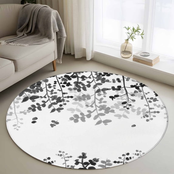 Round Area Rugs Collection 4 Ft, Black Leaves Non-Slip Residential Carpet, Summer Botanical Indoor Crawling Mats Runner Rugs for Living Room/Dining Room/Bedroom