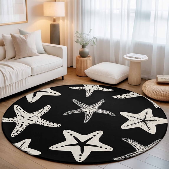Round Area Rugs Collection 4 Ft, Black Starfish Coastal Non-Slip Residential Carpet, Nautical Summer Ocean Abstract Art Indoor Crawling Mats Runner Rugs for Living Room/Dining Room/Bedroom