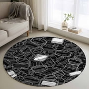 Round Area Rugs Collection 4 Ft, Black White Postmarks Non-Slip Residential Carpet, Modern Abstract Lines Motifs Indoor Crawling Mats Runner Rugs for Living Room/Dining Room/Bedroom