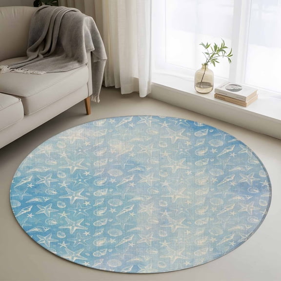 Round Area Rugs Collection 4 Ft, Blue Coastal Non-Slip Residential Carpet, Summer Ocean Starfish Conch Seashells Indoor Crawling Mats Runner Rugs for Living Room/Dining Room/Bedroom