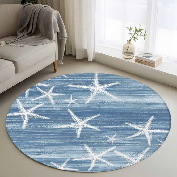 Round Area Rugs Collection 4 Ft, Blue Coastal Non-Slip Residential Carpet, Summer Ocean Waves Ombre Sea Starfish Indoor Crawling Mats Runner Rugs for Living Room/Dining Room/Bedroom