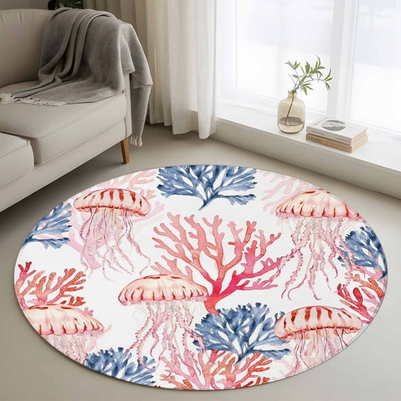 Round Area Rugs Collection 4 Ft, Blue Red Coral Coastal Non-Slip Residential Carpet, Jellyfish Summer Beach Nautical Indoor Crawling Mats Runner Rugs for Living Room/Dining Room/Bedroom