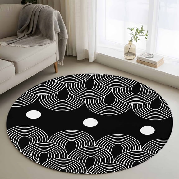 Round Area Rugs Collection 4 Ft, Boho Geometric Non-Slip Residential Carpet, Modern Abstract Sun Lines Black Indoor Crawling Mats Runner Rugs for Living Room/Dining Room/Bedroom