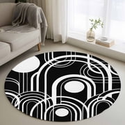 Round Area Rugs Collection 4 Ft, Boho Non-Slip Residential Carpet, Abstract Ethnic Geometric Bohemia Black White Indoor Crawling Mats Runner Rugs for Living Room/Dining Room/Bedroom