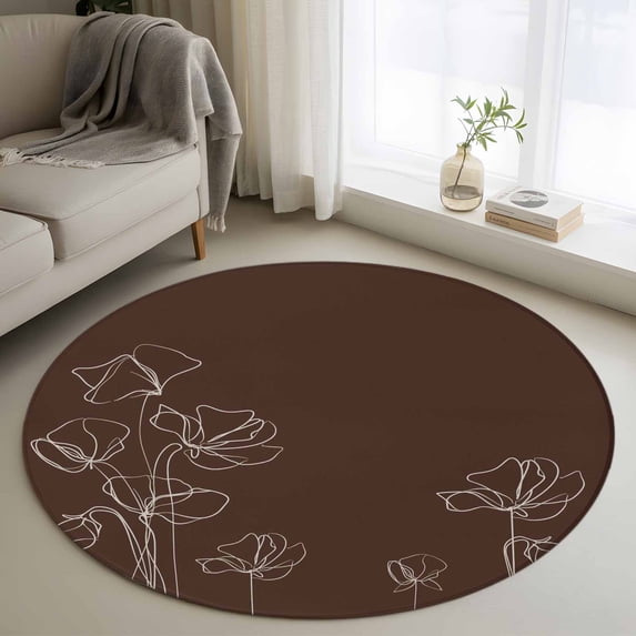 Round Area Rugs Collection 4 Ft, Brown Flowers Non-Slip Residential Carpet, Pastoral Abstract Floral Minimalist Art Indoor Crawling Mats Runner Rugs for Living Room/Dining Room/Bedroom